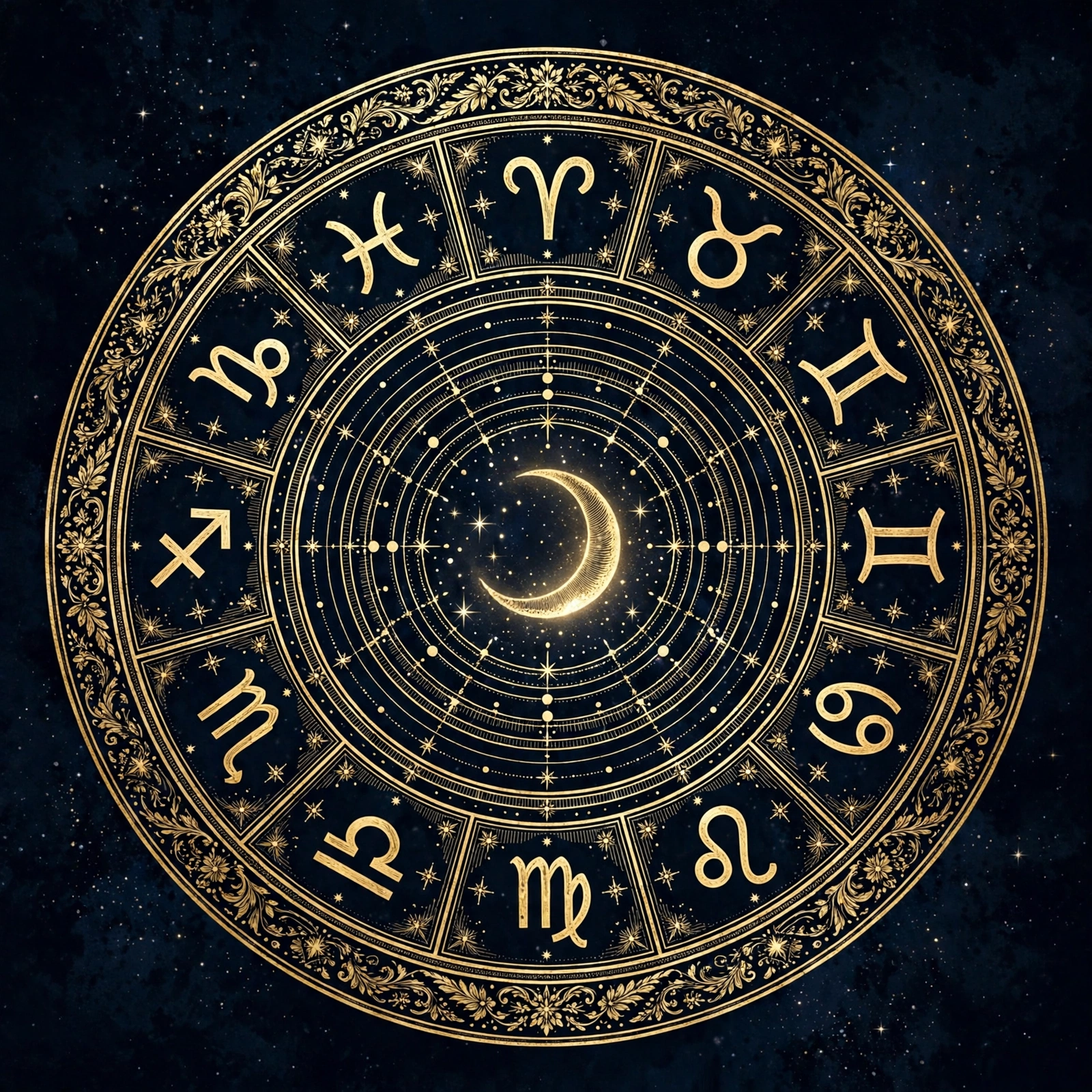 Ornate golden zodiac wheel with the twelve sign glyphs around a crescent moon